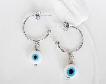 Evil Eye Earrings, Handmade Tiny Eye Hoop Earrings, Protection Earrings, Silver Open Hoops, Minimalist Hoops, Turkish Evil Eye Bead Earrings