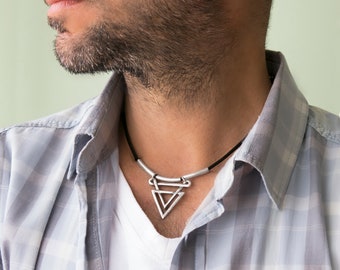 Men's Necklace - Men's Choker Necklace - Men's Leather Necklace - Men's Geometric Necklace - Men's Jewelry - Men's Gift - Boyfriend Gift