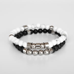 Stacking Beaded Bracelet Set For Men, Black and White Beaded Bracelet Set, Mens and Women Gemstone Bracelet set, Set of black & white