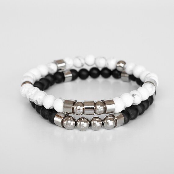 Stacking Beaded Bracelet Set For Men, Black and White Beaded Bracelet Set, Mens and Women Gemstone Bracelet set,