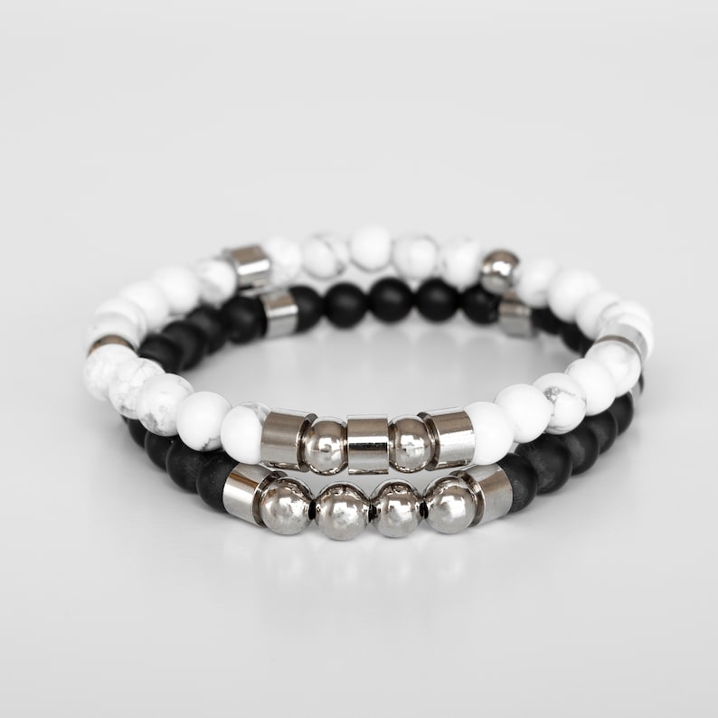 Stacking Beaded Bracelet Set For Men, Black and White Beaded Bracelet Set, Mens and Women Gemstone Bracelet set, Set of black & white