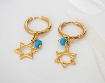 Star of David Huggies Hoop Earrings, Golden Dainty Star of David Earrings, Jewish Hoop Earrings, Jewish Jewelry, Stand by Israel, Blue Beads