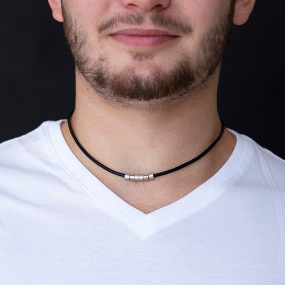 Men Boho Choker Necklace, Short Black Leather & Silver Plated Tube
