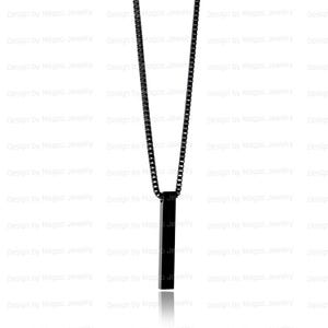 May include: A black chain necklace with a long, thin, rectangular pendant.