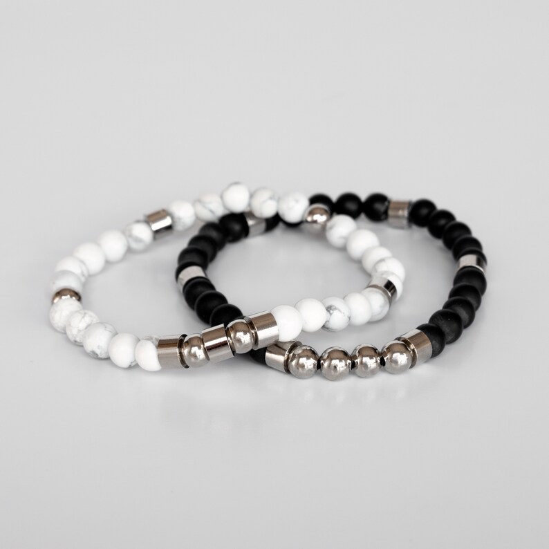 Stacking Beaded Bracelet Set For Men, Black and White Beaded Bracelet Set, Mens and Women Gemstone Bracelet set, image 7