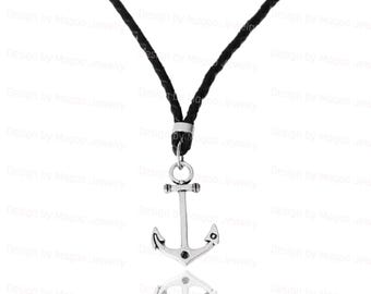 Mens Black Choker Necklace with Anchor Pendant, Mens Nautical PendantvNecklace, Boho silver choker for Men, Mens unique Leather necklace