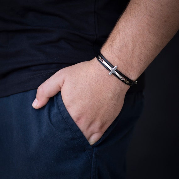 Cross Bracelet, Black Leather Bracelet, Cross Jewelry Men