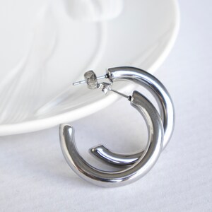 Plain Hoops, Silver Chunky Hoops, SIlver Thick Huggie Hoop Earrings, Round Hoop Earrings, Chunky Hoop Earrings, Silver Thick Boho Style Hoop image 2