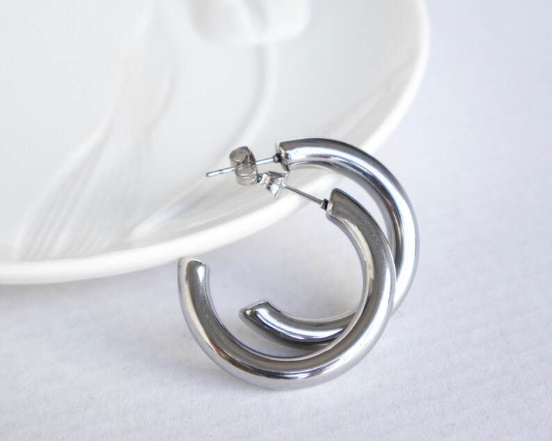 Plain Hoops, Silver Chunky Hoops, SIlver Thick Huggie Hoop Earrings, Round Hoop Earrings, Chunky Hoop Earrings, Silver Thick Boho Style Hoop image 2