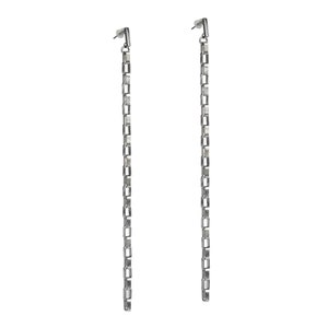 May include: A pair of long silver chain earrings. The earrings are made of a series of small, square links.
