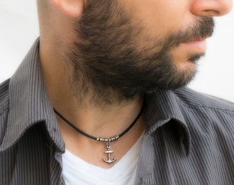 Mens Black Leather Choker Necklace, Mens Nautical Leather Necklace, Mens Silver Anchor Necklace, Mens Jewelry, Unique Gifts Ideas for Men