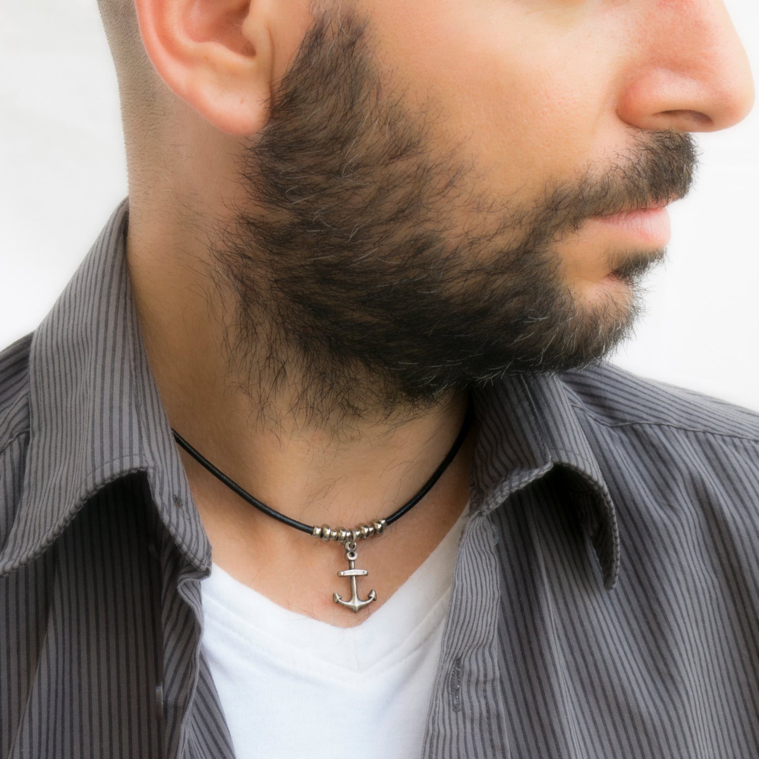 Black leather choker necklace for men with Jade and silver beads - JoyElly