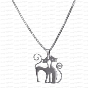 Long Silver Two Cat Pendant Necklace, Hypoallergenic Cat Charm Necklace, Cat Lover Pendant in Stainless Steel, Gift For Feline Cat Lovers