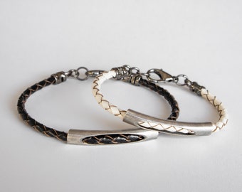 Benutzerdefinierte Paare Armband Set, Paare Passende Armbänder, Schwarz und Weiß Lederarmband, Partner stilvolle Armband,