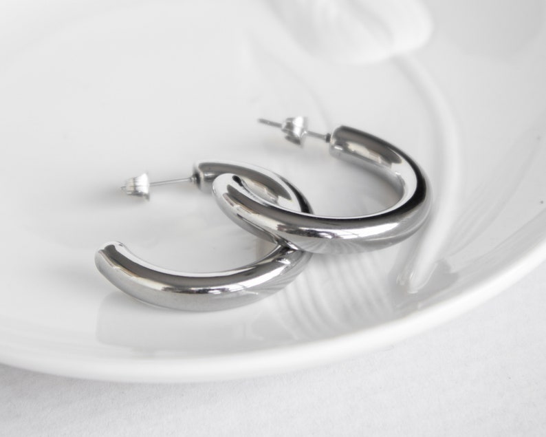 Plain Hoops, Silver Chunky Hoops, SIlver Thick Huggie Hoop Earrings, Round Hoop Earrings, Chunky Hoop Earrings, Silver Thick Boho Style Hoop image 4