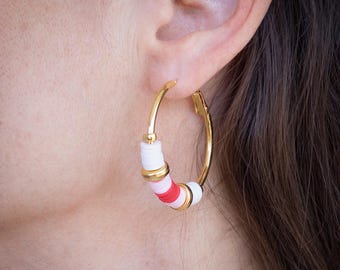 Colorful Beaded Hoops, Gold Plated Beaded Hoop Earrings, Round Hanging Earrings, Designer Hoop Earrings, Lightweight Hoop Earrings