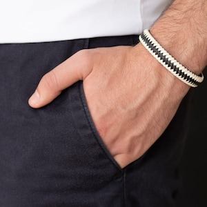 Mens Braided Bracelet, Black White Bracelet, Mens LeatherJewelry, Mens Leather Bracelet Gift, Boyfriend Bracelet Gift, Husband Bracelet Gift
