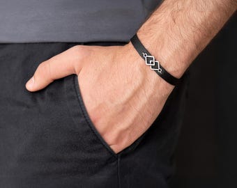 Mens Black Vegan Geometric Bracelet, Men Faux Leather Cuff Bracelet, Geometric Style Jewelry, Boho Style Bracelet, Infinity Bracelet For Men