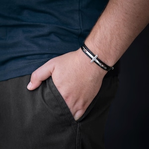 Mens Cross & Leather Bracelet, Mens Religious Bracelet, Mens Christian Bracelet, Religious Jewelry, Christian Jewelry, Religious Gift