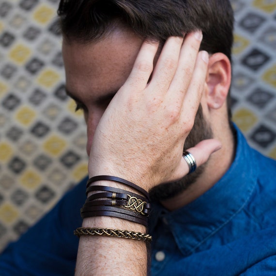 Men's Brown Leather Bracelet, Men's Infinity Bracelet, Men