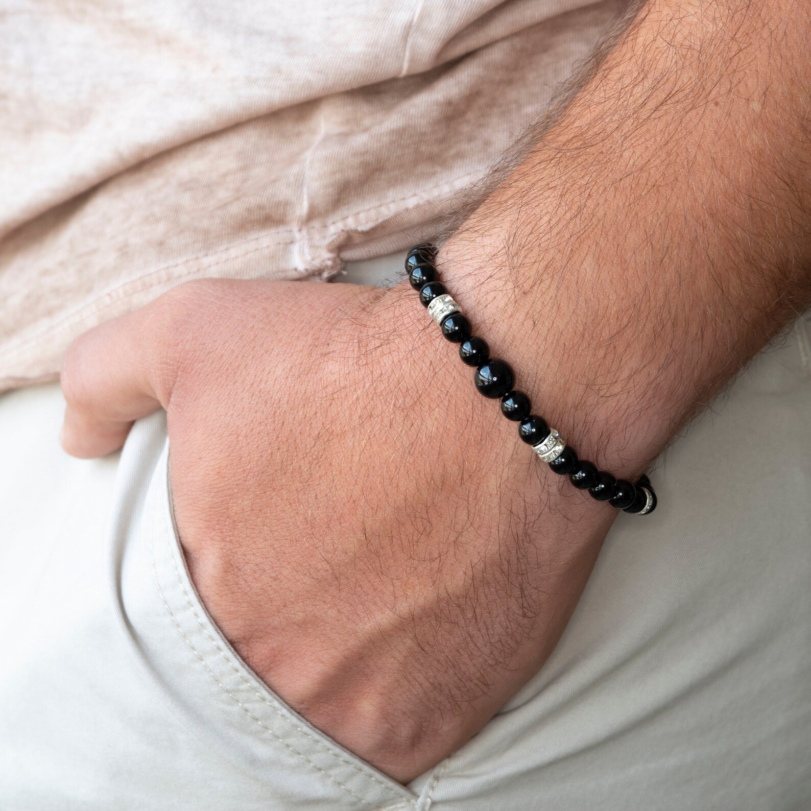 Mens Semi Bead Stretch Bracelet
