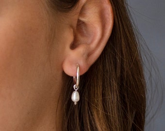 Tiny Hoop Earrings, Pearl Silver Earrings, Silver Earrings, Silver Hoops, Minimalist Hoops, Pearl Earrings, Dainty Hoops, Valentines Gift