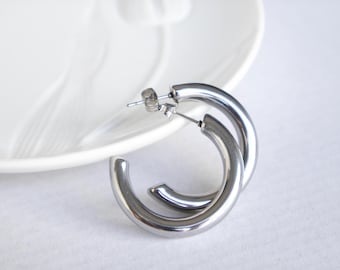 SIlver Thick Huggie Hoop Earrings, Plain Hoops, Silver Chunky Hoops, Round Hoop Earrings, Chunky Hoop Earrings, Silver Thick Boho Style Hoop