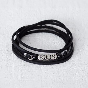Mens Personalised Black Vegan Leather Bracelet, Mens Personalised Beaded Bracelet, Mens Custom Jewelry, Men Boho Style Bracelet