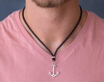 Men's Necklace - Men's Choker Necklace - Men's Leather Necklace - Men's Anchor Necklace - Men's Jewelry - Men's Gift - Boyfriend Gift