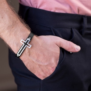 Cross Bracelet, Black Bracelet for Men, Cross Jewelry Men, Faith Bracelet, Catholic Gift, Faux Leather Bracelet, Modern Cross Bracelet