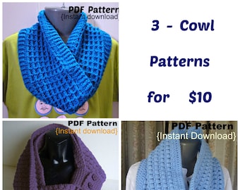 Crochet Pattern, Set of 3 cowl PDF patterns, Instant Download, Cluster stitch, Waffle stitch, Puff stitch, Infinity scarf, Neckwarmer, Snood