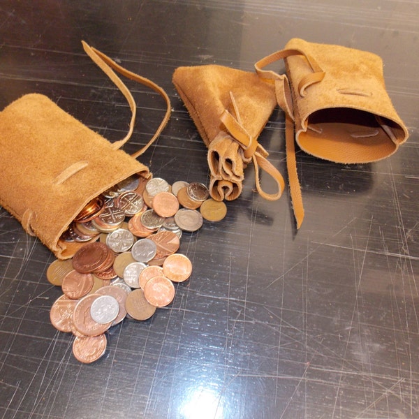 Medieval/ larp/ sca/ pagan/ re-enactment Tan leather drawstring money pouch/ jewellery bag