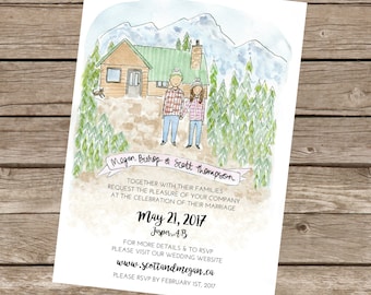 Op de afbeelding: Een aquarel-illustratie van een huwelijksuitnodiging met een stel dat voor een hut in de bergen staat. De tekst luidt "Megan Bishop & Scott Thompson" en "May 21, 2017, Jasper, AB".