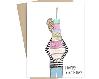 Geburtstagskarte Mädchen / Mädchen mit Geschenken / Geburtstagskarte