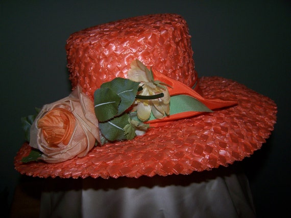 Orange Straw Brimmed Hat With Orange Flower, Green Leaves  display picture 1