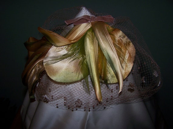 Toast colored Netting Hat with Autumn Leaves and … - image 1