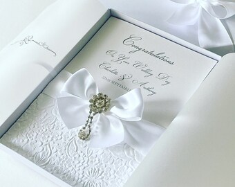 Wedding Day White Luxury Card with Drop Crystal, Boxed Personalised Large A5 Handmade Wedding Card Unique Gift for Newly Married Couple