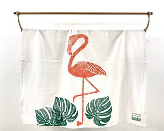 Flamingo and Monstera Leaf Tea Towel / Flour Sack Towel
