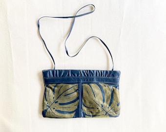 Block Printed Monstera / Tropical Plant Vintage Clutch / Shoulder Purse / Navy Blue Leather Clutch