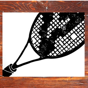 Tennis Racket Art Print hand-carved & printed 11 x 14 inches black or custom color image 1