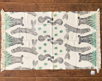 Woodland Animal Rug / Cotton / 3’ x 5’ Throw Rug / Wall Hanging / Bears Rabbits and Squirrels / Acorns and Palmettos