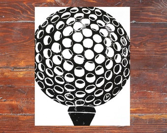 Golf Art Print - hand-carved & printed Golf Ball with Tee (11 x 14 inches) black or custom color