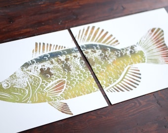 colored LARGEMOUTH BASS Hand-Printed (two 11 x 14 inch prints)