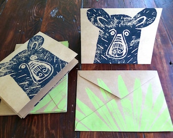 Block Printed Bear Note Card Set / Woodland Cards, Black Bear with Palmetto Note Cards