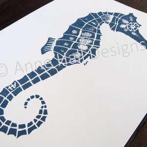 original print, hand-carved & printed SEAHORSE 11 x 14 inches color: navy blue image 1