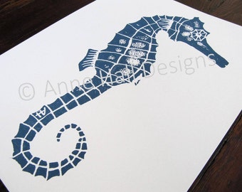 original print, hand-carved & printed SEAHORSE (11 x 14 inches) color: navy blue