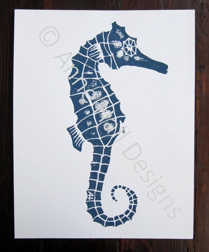 original print, hand-carved & printed SEAHORSE 11 x 14 inches color: navy blue image 2