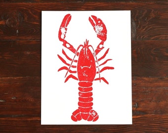 Lobster Print, Kitchen Art - hand-carved & printed lobster (11 x 14 inches) red