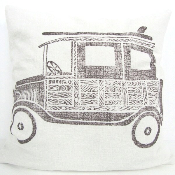 Pillow Cover VINTAGE SURFING WOODY (18 x 18 inch)  color: brown on ivory linen blend fabric