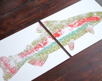 colorful RAINBOW TROUT Hand-Printed (two 11 x 14 inch prints)